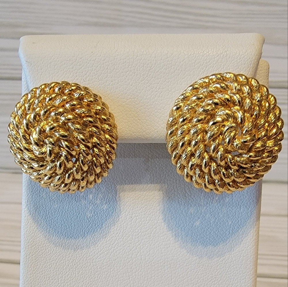 Vintage Monet Gold Tone Twisted Rope Spiral Dome Pierced Earrings